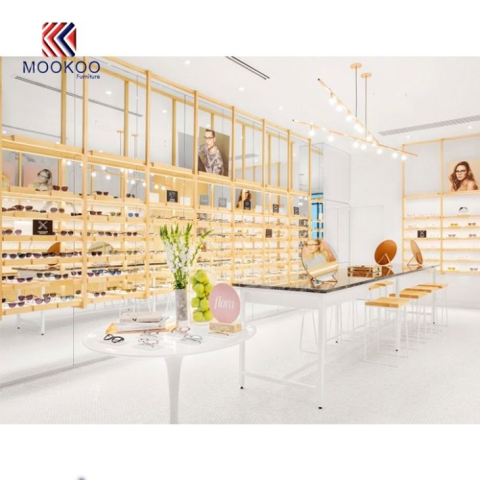 لکڑی کا آپٹیکل ڈسپلے وال اسٹور داخلہ سجاوٹ شوکیس