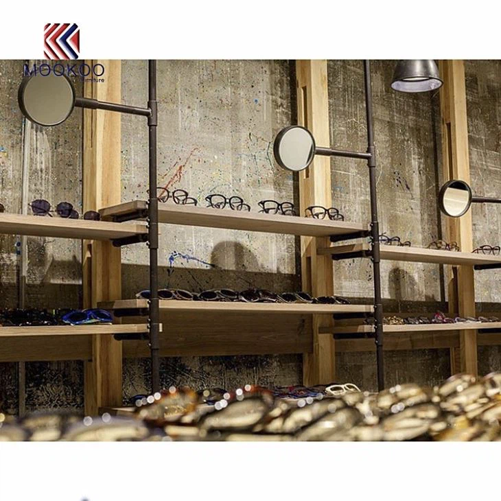 Vintage Style Eyewear Wall Shelf Showcase Metal And Wooden Display Design